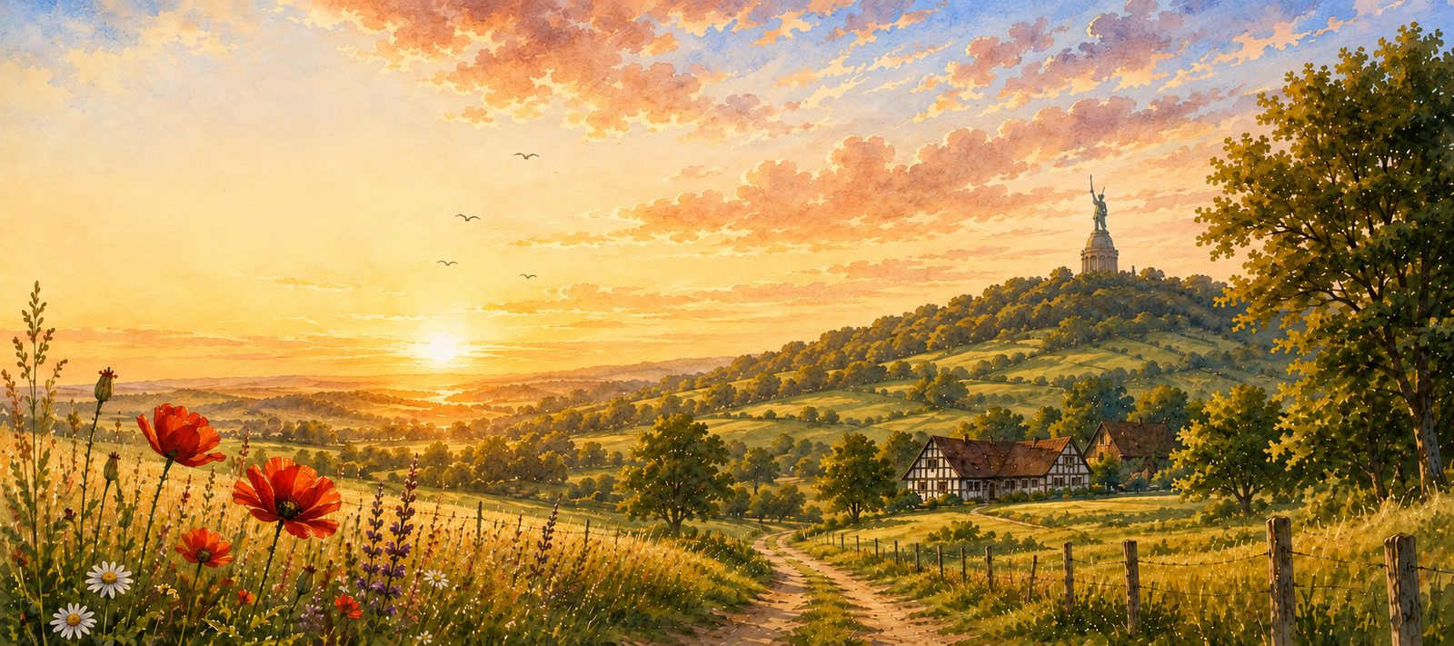 Sonnenuntergang über der lippischen Landschaft mit Hermannsdenkmal